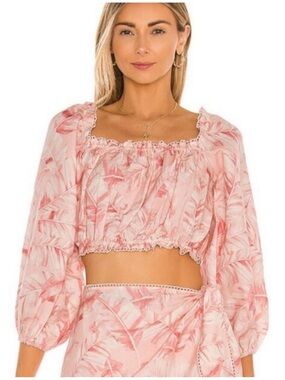 Show Me Your Mumu Claudia Crop Linen Blouse Pink Majestic Palm Medium